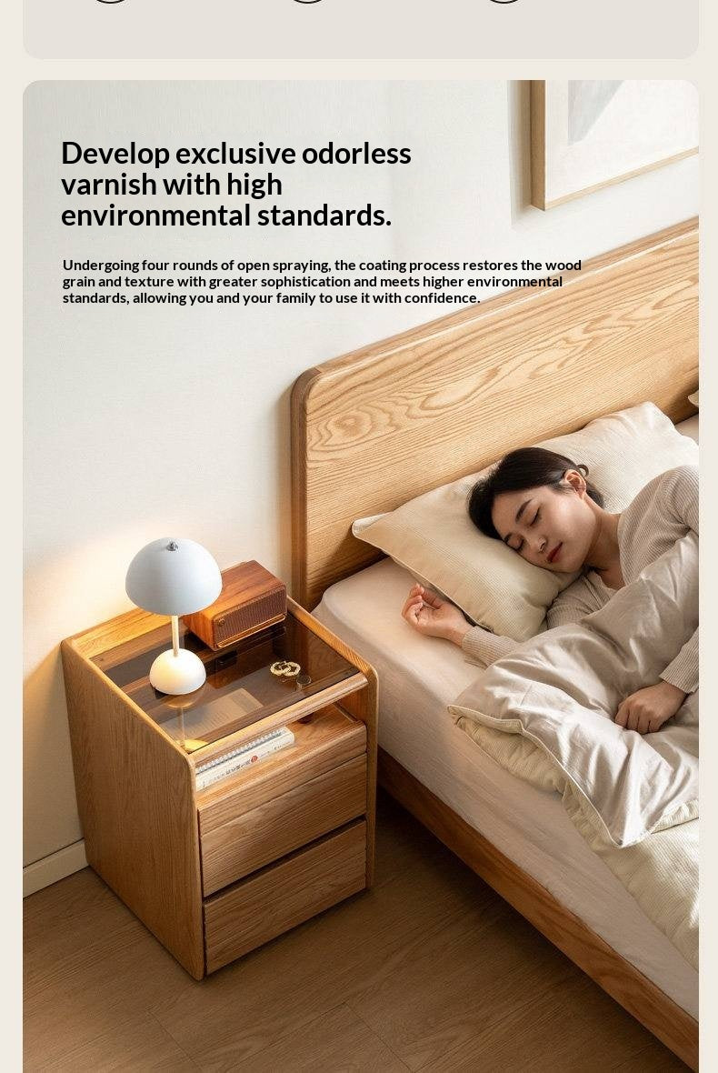 Ash Solid Wood Nightstand With Glass Top