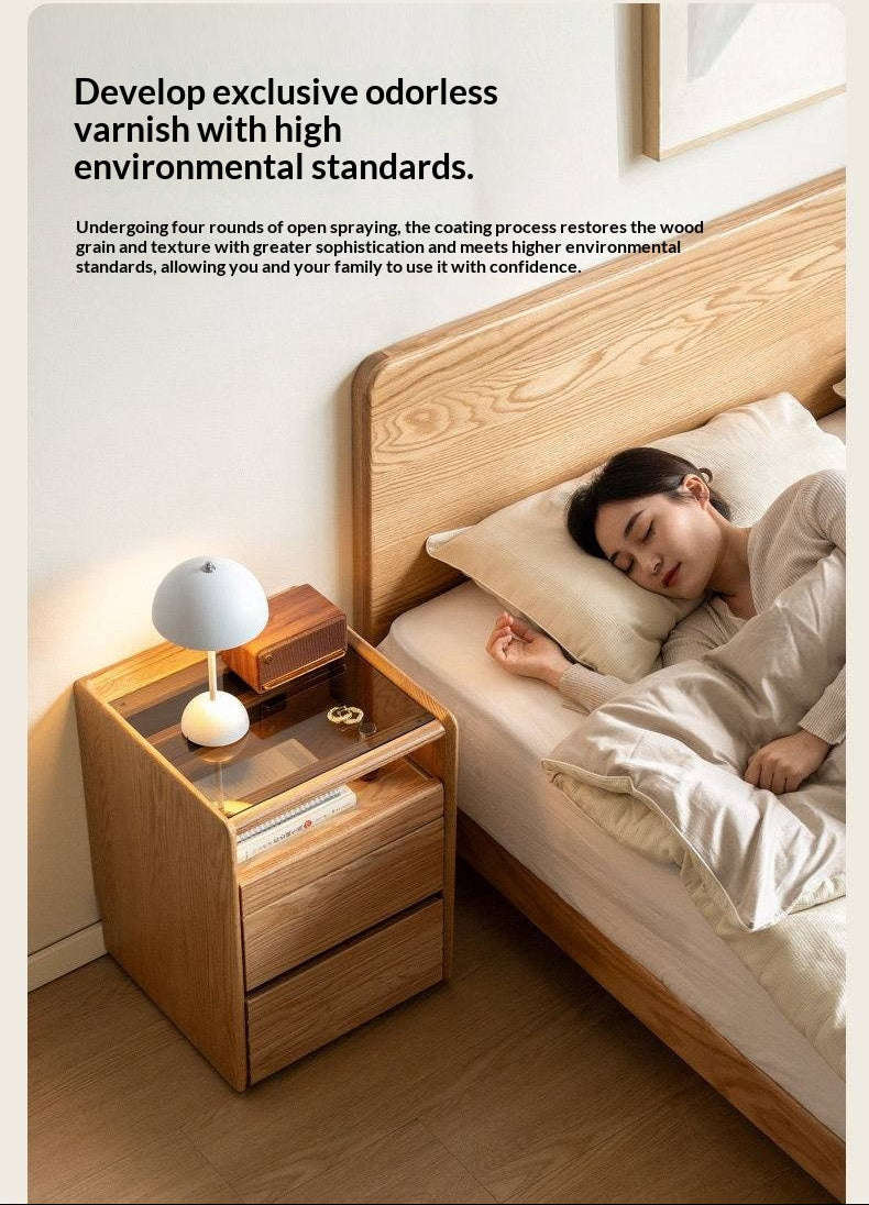 Ash Solid Wood Nightstand With Glass Top