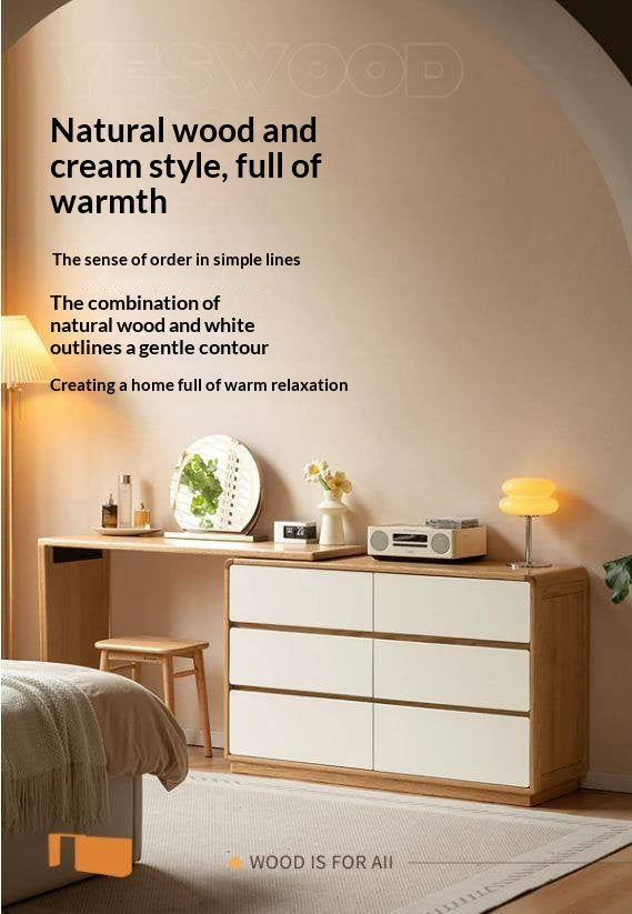 Oak Solid Wood Vanity Table & Storage Cabinet Set Cream Style