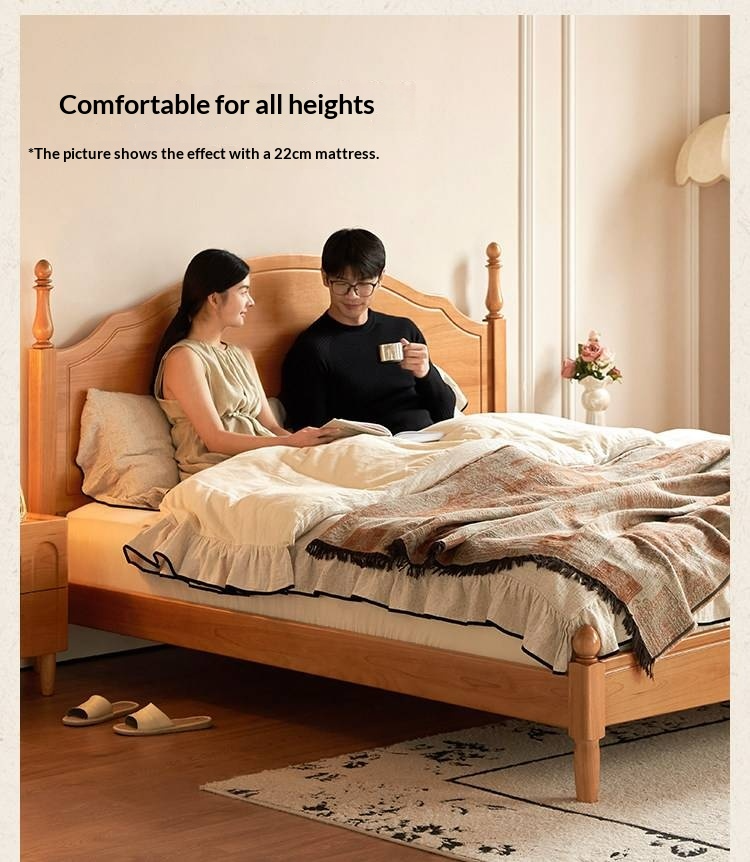 Birch Solid Wood Bed — French Retro Style, Large Slab Design, Mid-Range Style