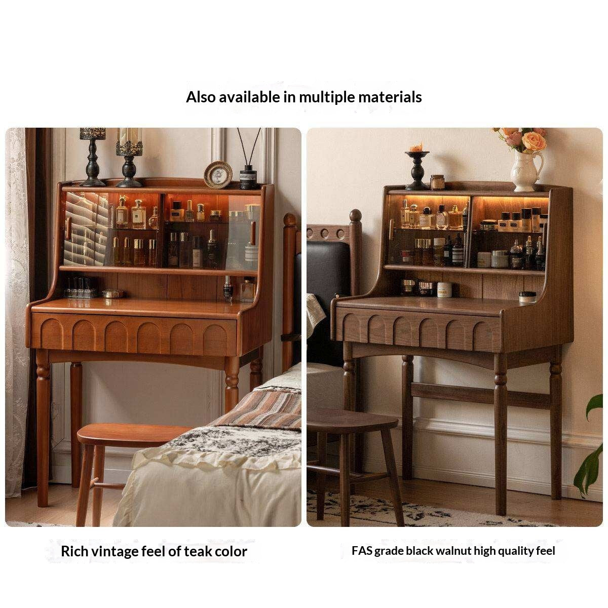 Cherry Solid Wood French Retro Vanity Table with Light