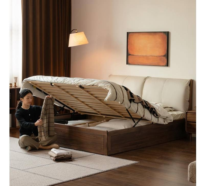 Black Walnut Solid Wood Box Bed — Luxury Genuine Leather Bed with Soft Backrest