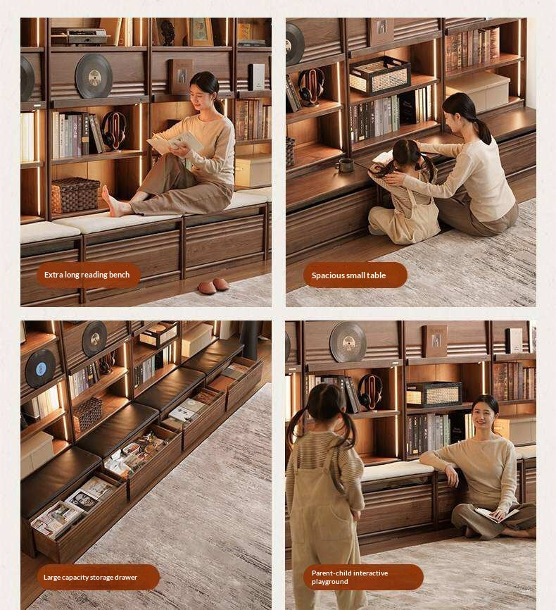 Black Walnut Solid Wood Integrated Wall Bookcase with Floor Display