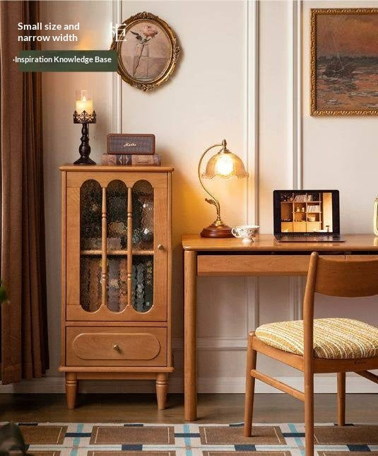 Cherry Solid Wood Side Cabinet with Glass Panels and Storage Shelves