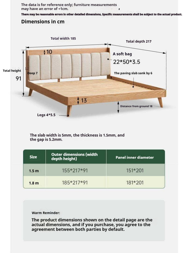Oak Solid Wood Bed — Modern Minimalist Design with Upholstered Headboard and Piano Key Style