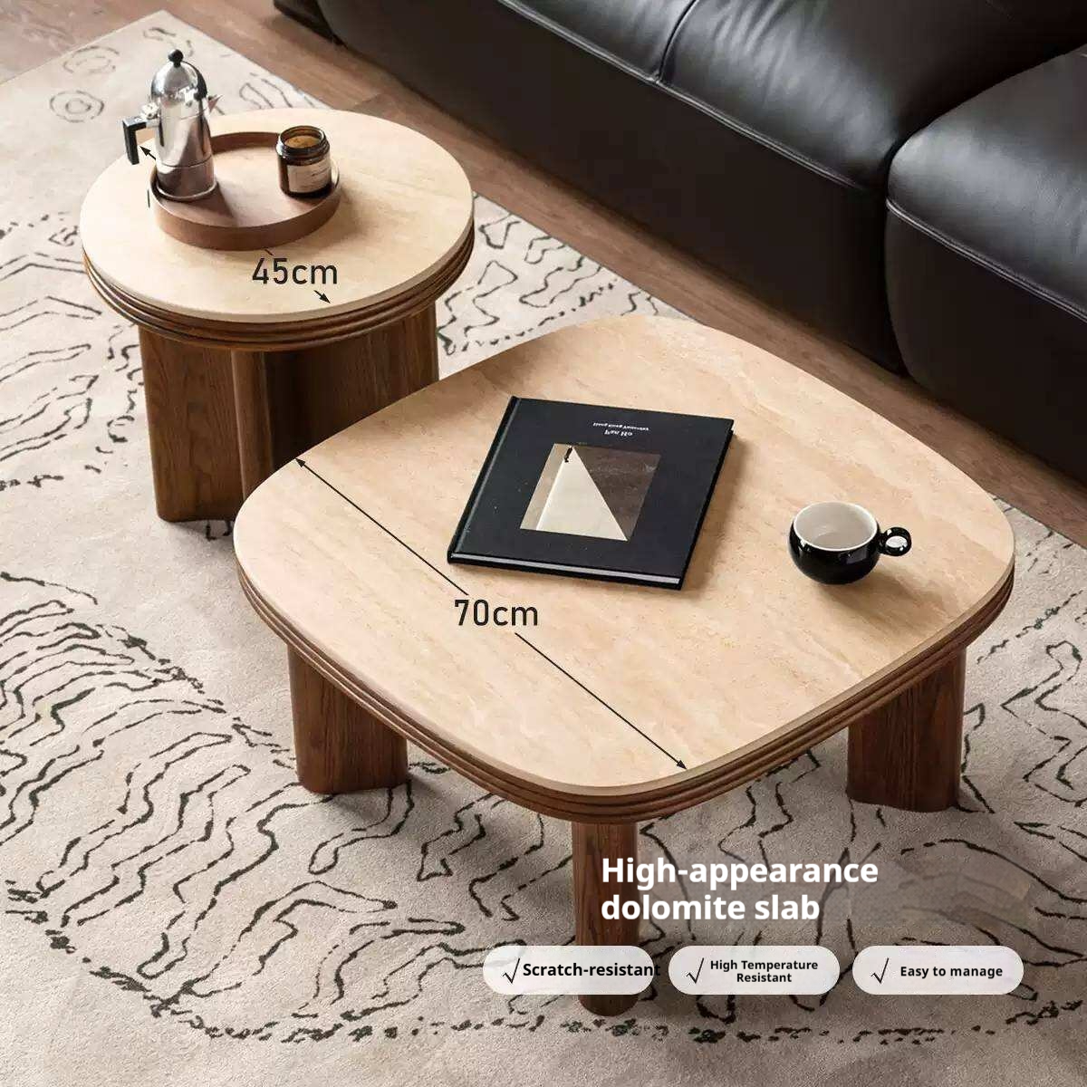 Oak Solid Wood Round Nesting Coffee Table with Stone Surface