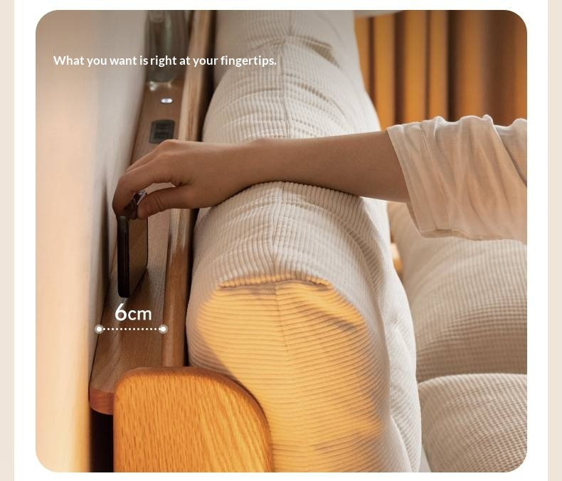 Oak Solid Wood with Upholstered Headboard Luminous Box Bed Cream Style