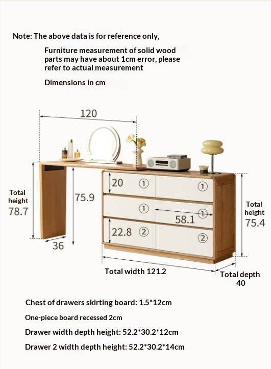 Oak Solid Wood Vanity Table & Storage Cabinet Set Cream Style