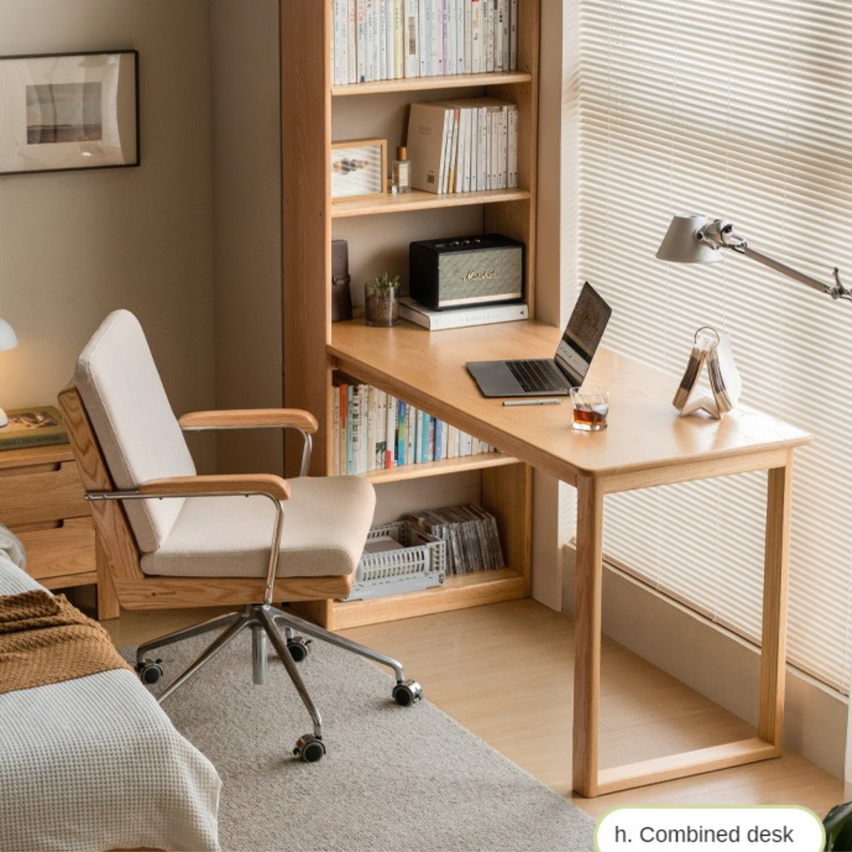 Oak Solid Wood Desk and Bookshelf Integrated Office Desk