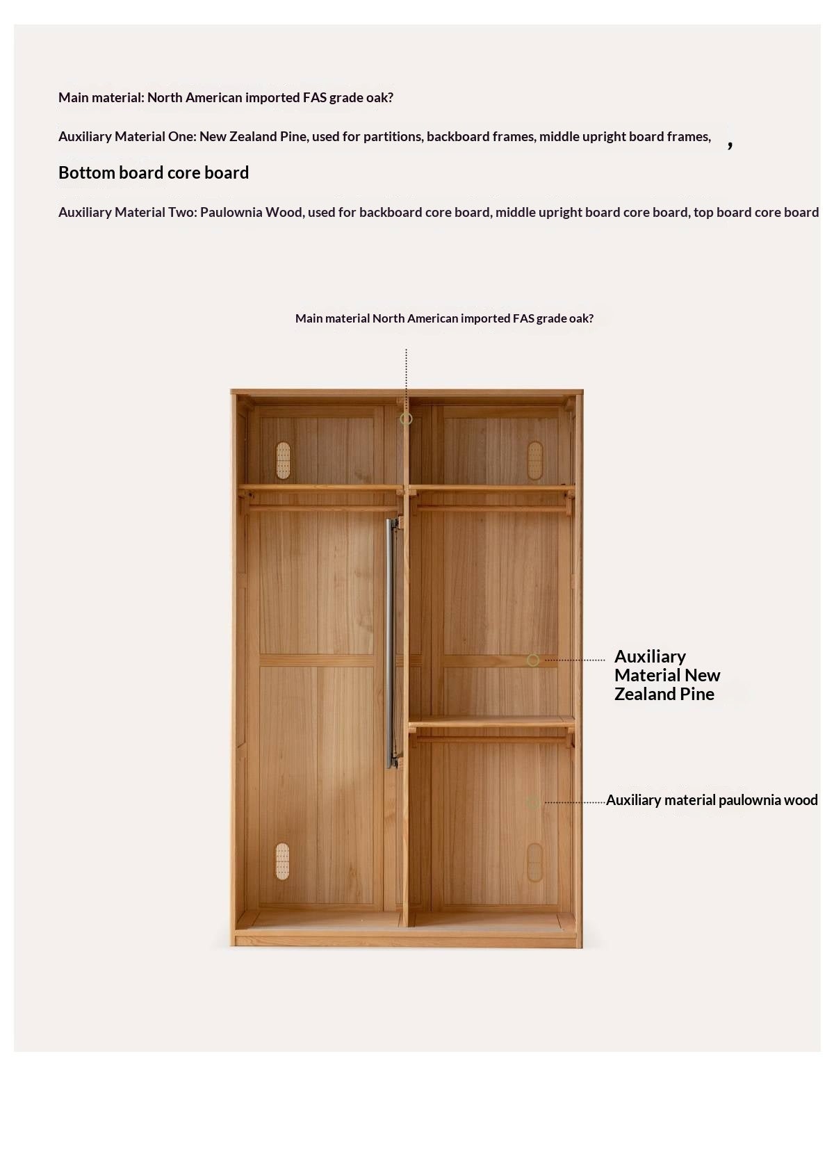 Oak solid wood Wardrobe with Flat Panel Doors and Groove Handles