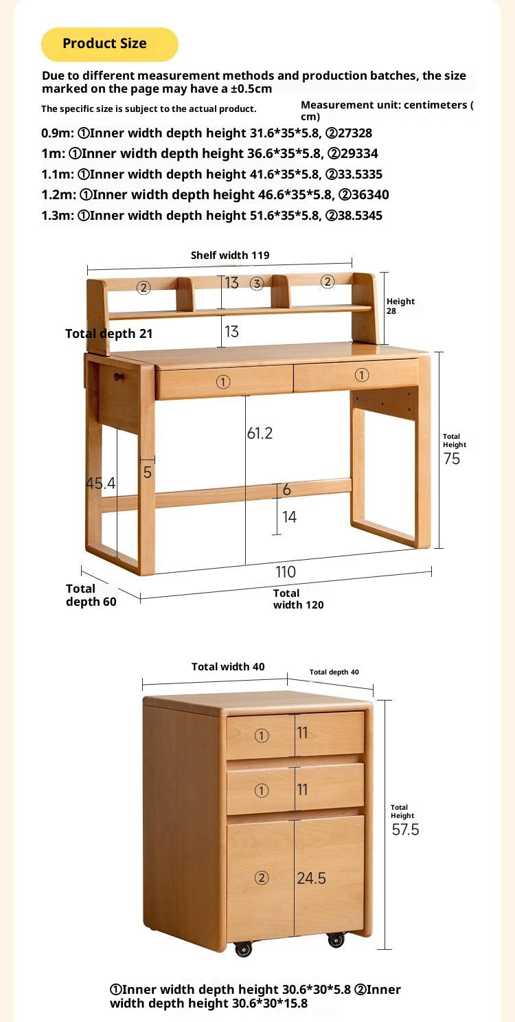 Beech Solid Wood Adjustable Height Children's Study Desk With Integrated Bookshelf