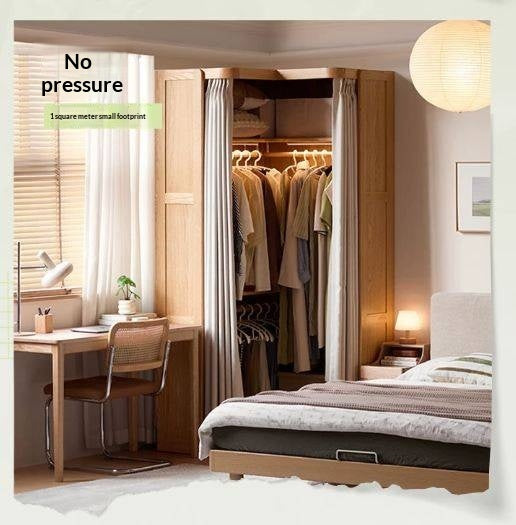 Oak Solid Wood Corner Wardrobe with Removable and Washable Fabric Curtain