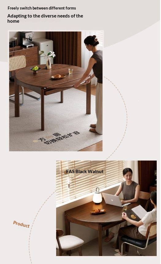 Black Walnut Solid Wood Retractable Round Dining Table