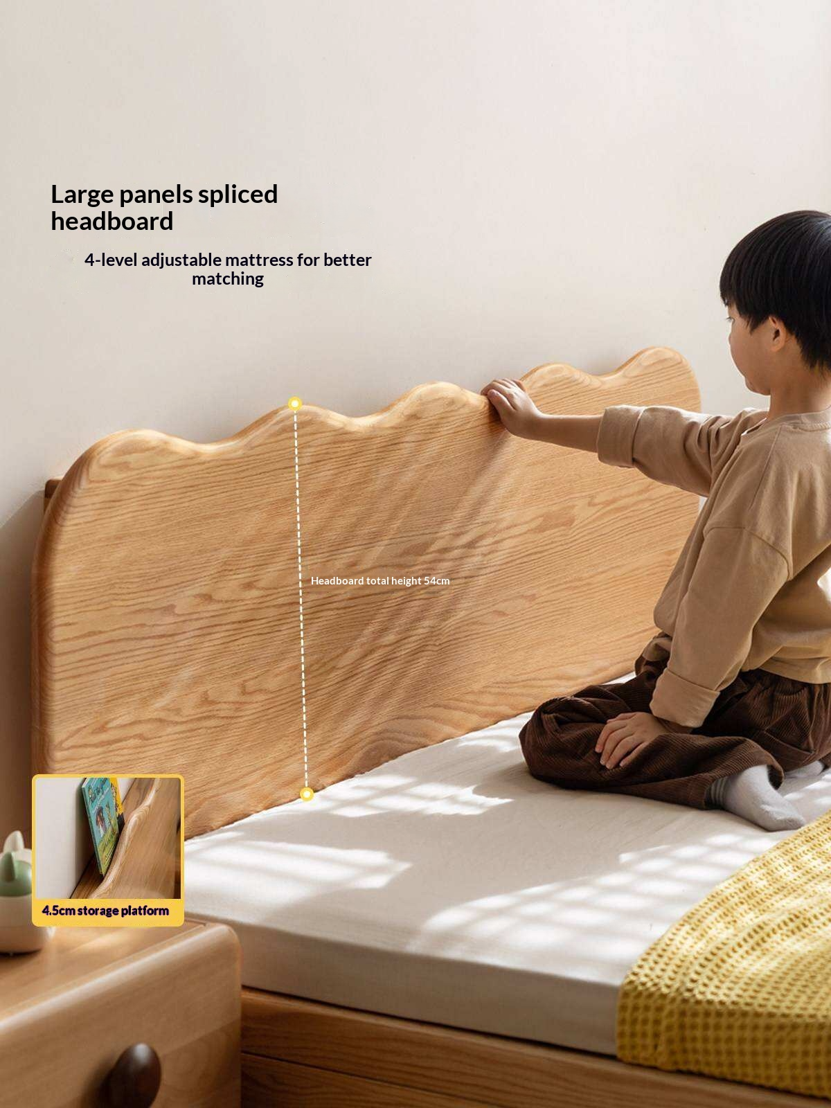 Rubberwood Solid Wood Kids Montessori Platform Bed with Adjustable Headboard, Warm White