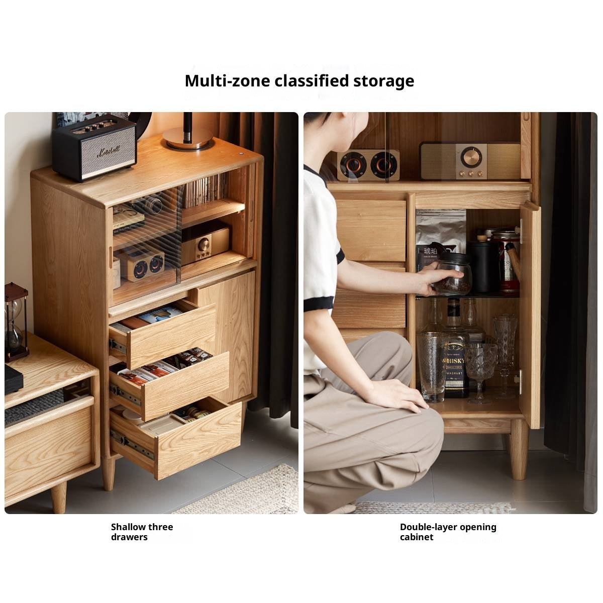 Ash Solid Wood Modern Minimalist Side Cabinet with Light.