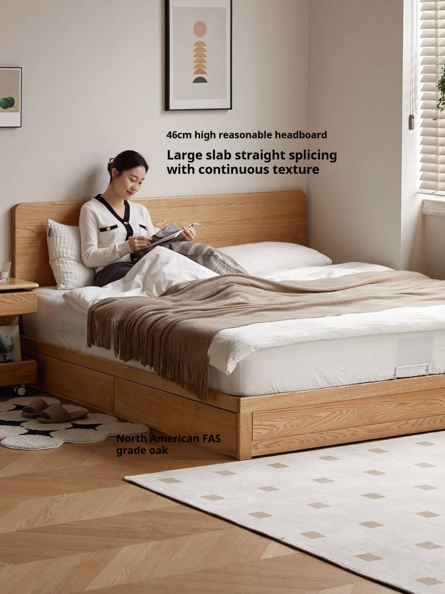 Oak, Ash, Rubberwood Solid Wood Box Bed, Platform Box Bed, Headboard-Free Bed