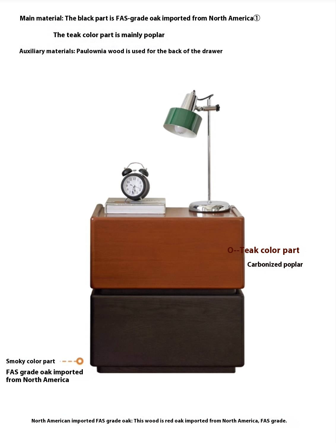 Ash, Poplar Solid Wood Modern Two-Tone Nightstand with 2 Drawers