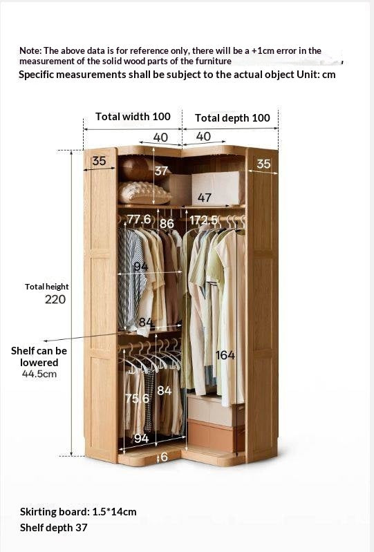 Oak Solid Wood Corner Wardrobe with Removable and Washable Fabric Curtain