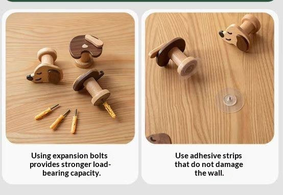 Beech, Black Walnut Solid Wood Puppy-Shaped Wall Hook with Cute Cartoon Design