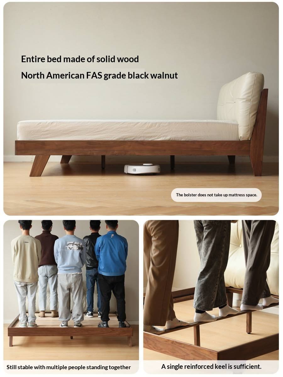 Black Walnut Solid Wood Bed with Top Genuine Leather Upholstery and Nordic High Headboard