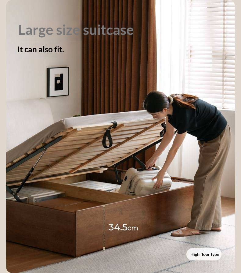 Rubberwood Solid Wood Storage Bed with Lift-Up Platform and Oversized Cushioned Headboard