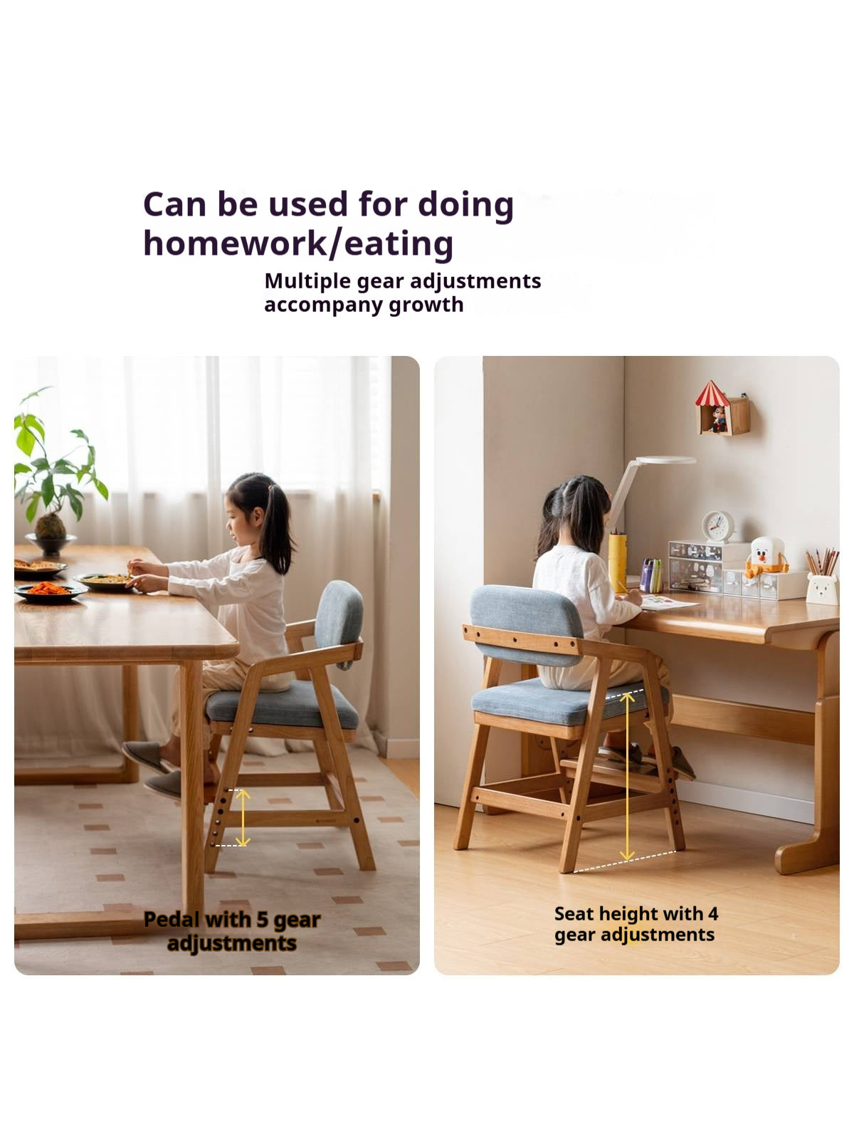 Solid Rubberwood Nordic Style Kids Chair with Adjustable Armrest