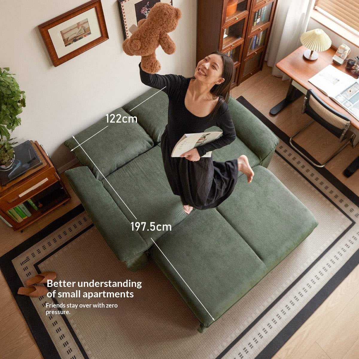 Corduroy Loveseat Sofa with Pull-Out Chaise and Adjustable Backrest