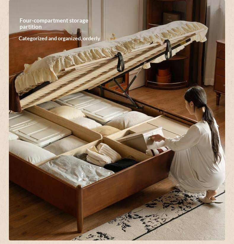 Poplar Solid Wood French Country Arched Panel Bed with Storage Base Box Bed