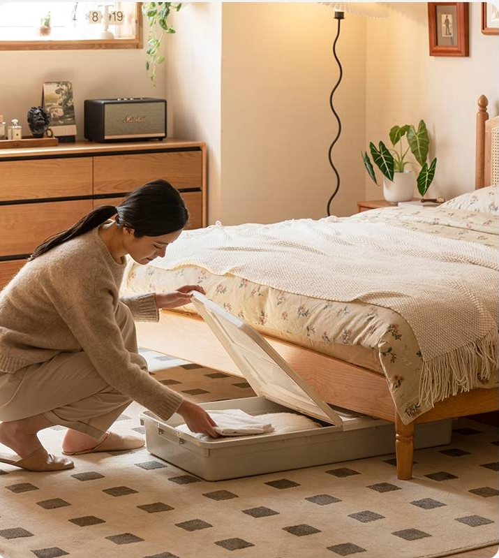 Cherry Solid Wood Rattan Bed Retro