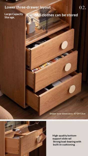 Cherry Solid Wood Side Cabinet with Drawer Storage and Antique Accents