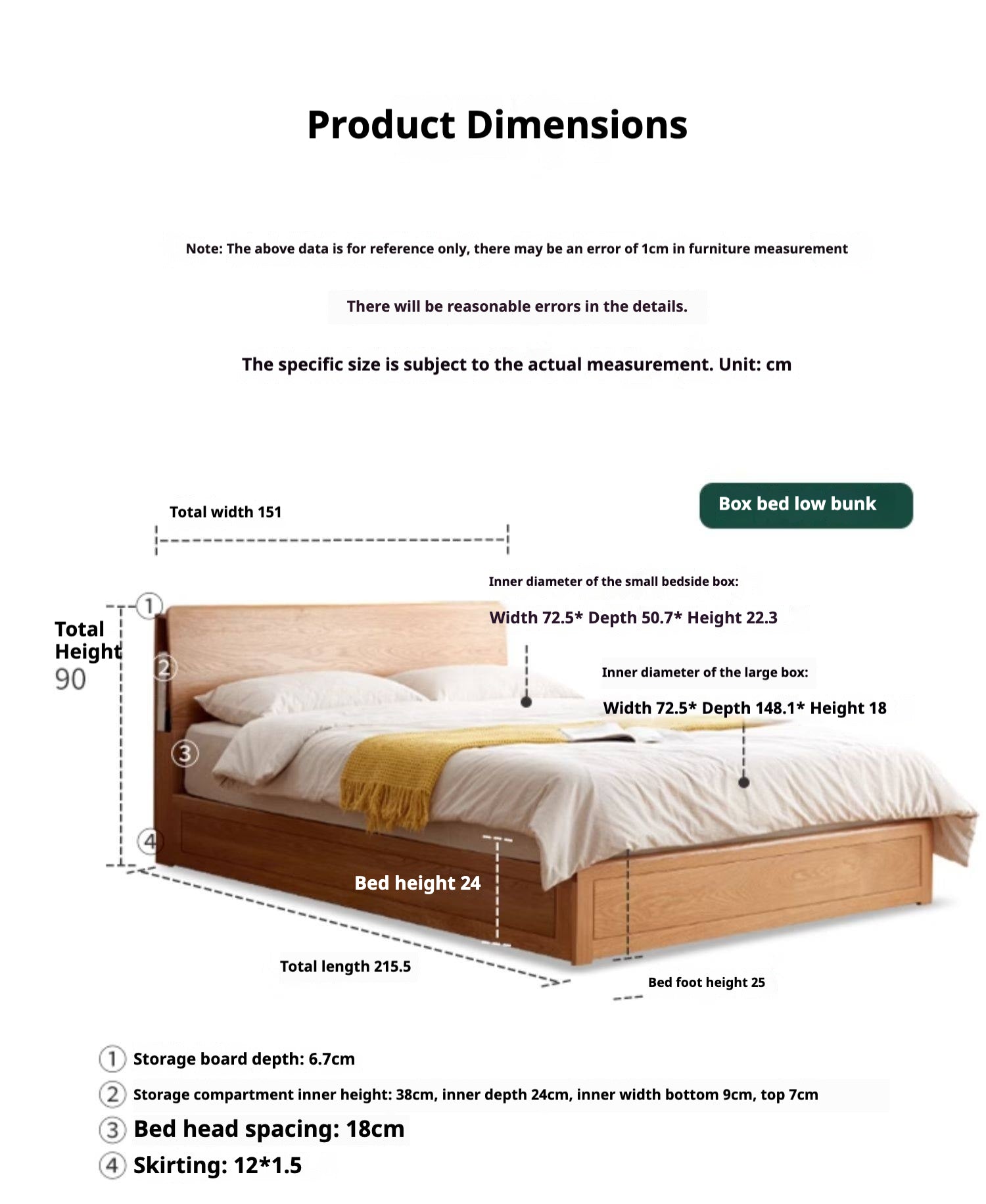 Oak Solid Wood Box Bed with Light and Bookshelf
