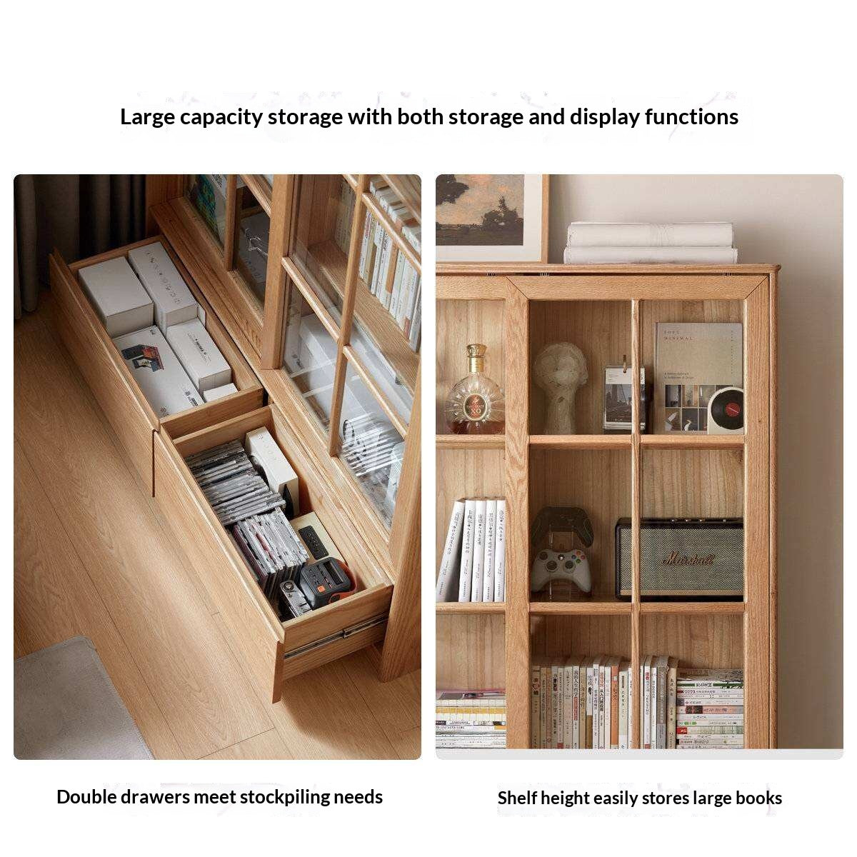Ash Solid Wood Bookcase with Sliding Doors and Floor-to-Wall Glass Display Cabinet