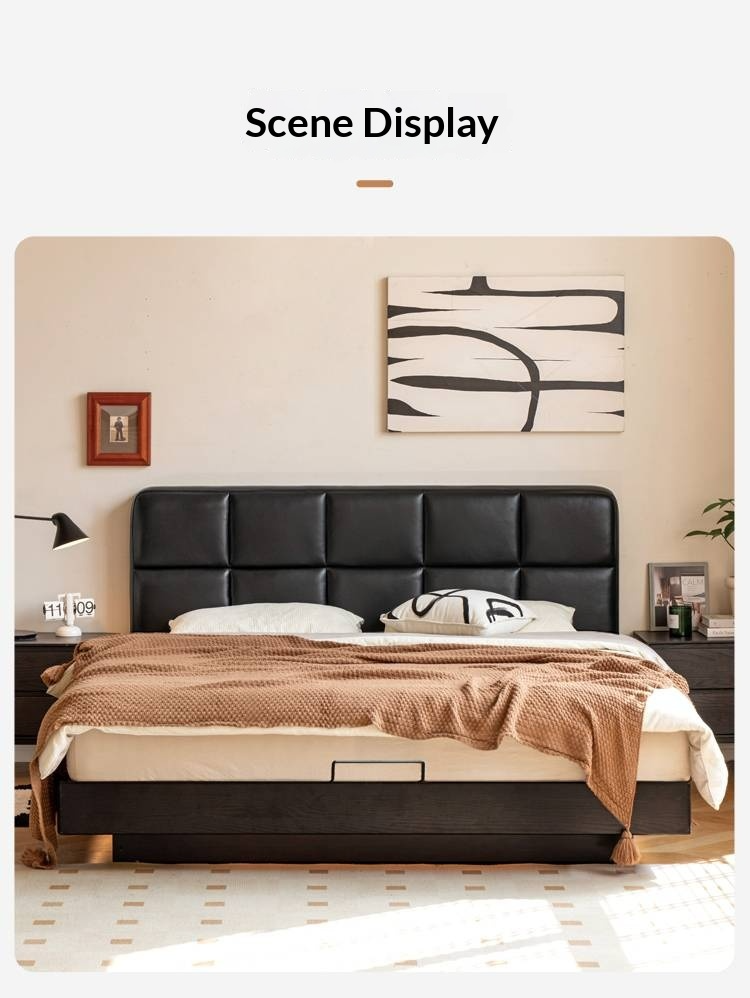 Oak Solid Wood Genuine Leather Upholstered Box Bed Retro Black Floating Bed