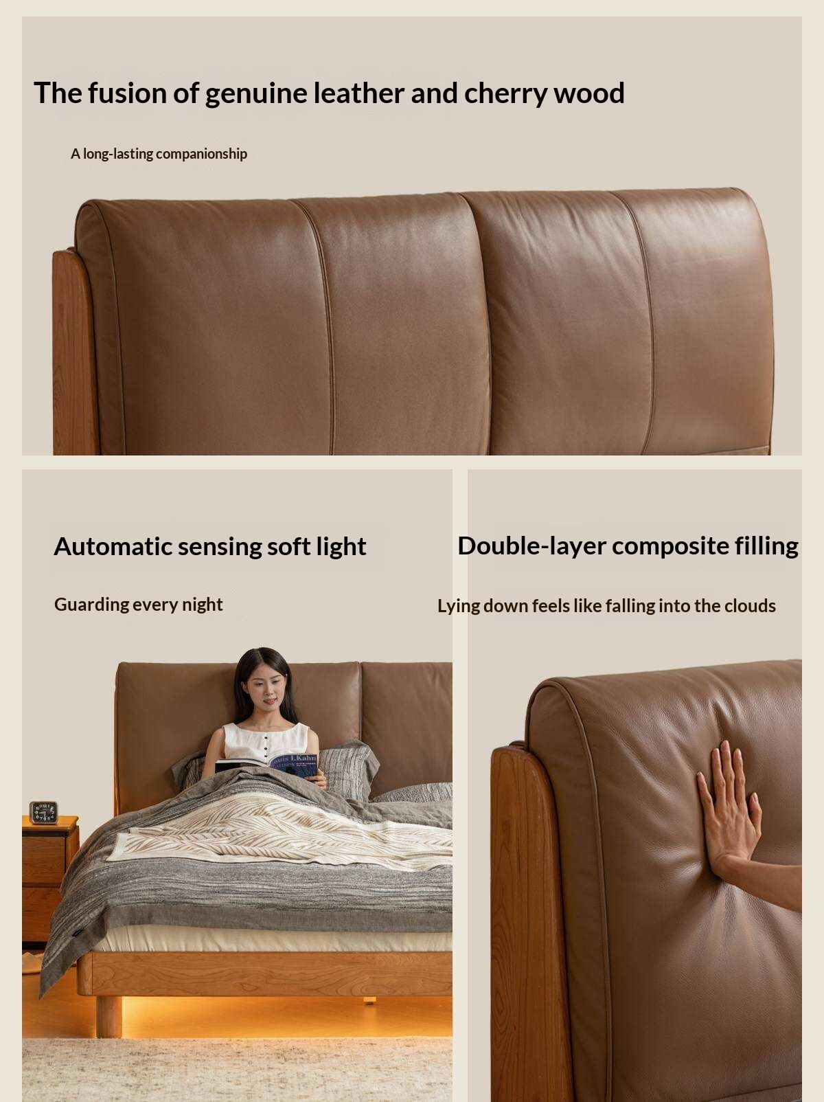 Cherry Solid Wood Bed with Genuine Leather Upholstered Headboard and LED Lighting