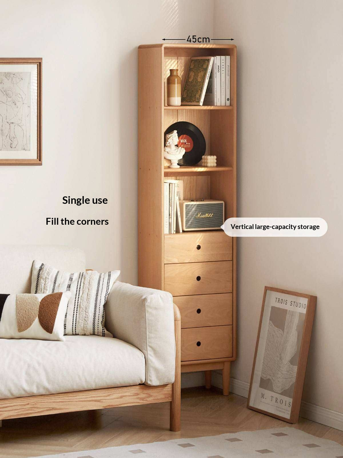 Beech Solid Wood Bookcase with Spacious Cabinet Storage