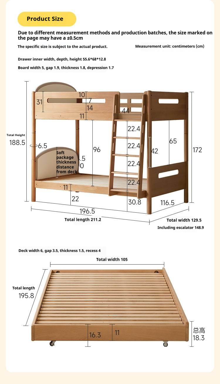 Beech Solid Wood Compact Bunk Bed, Suitable for Adults and Children