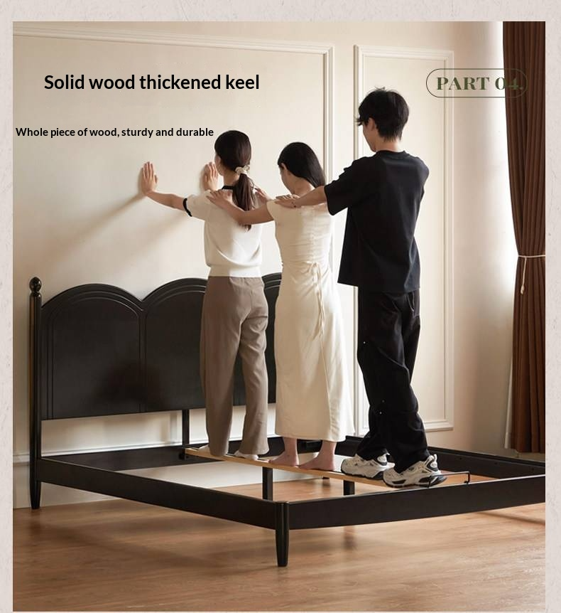 Rubberwood Solid Wood Bed — French Vintage Style, Large Slab Bed