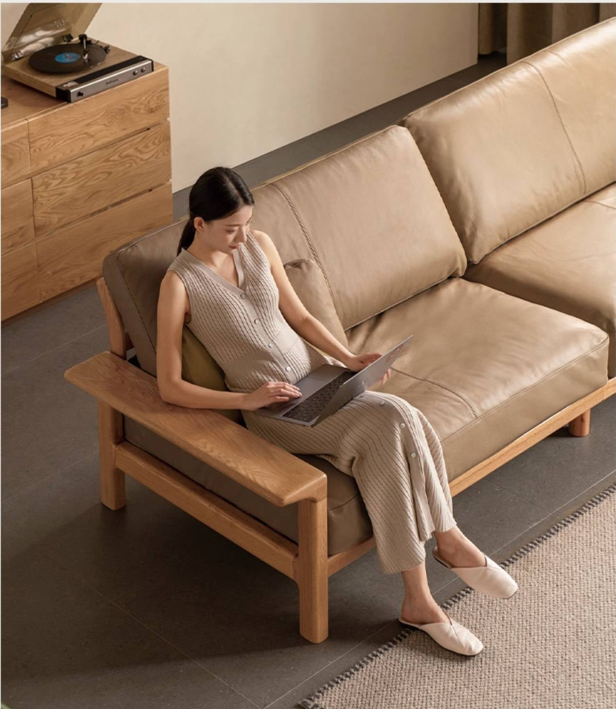 Oak, Ash Solid Wood Wabi Sabi Style Genuine Leather Sofa, fabric sofa