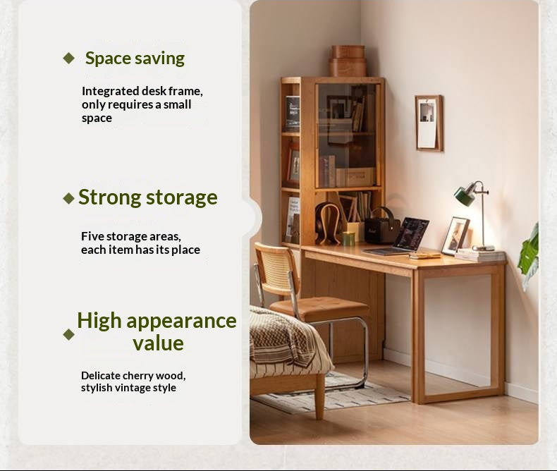 Cherry Solid Wood Office Desk with Integrated Bookshelf