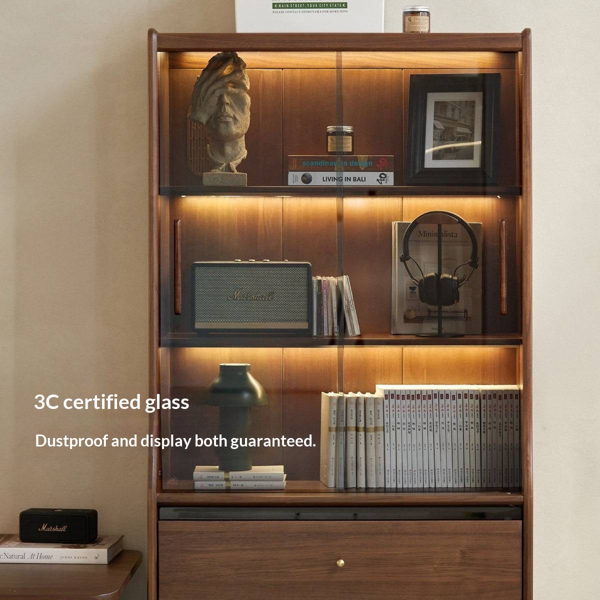 Black Walnut Solid Wood Bookcase with Interior Lighting