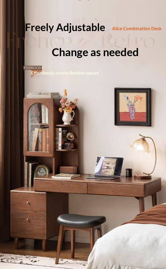 Oak Solid Wood Telescopic Desk with Integrated Bookshelf