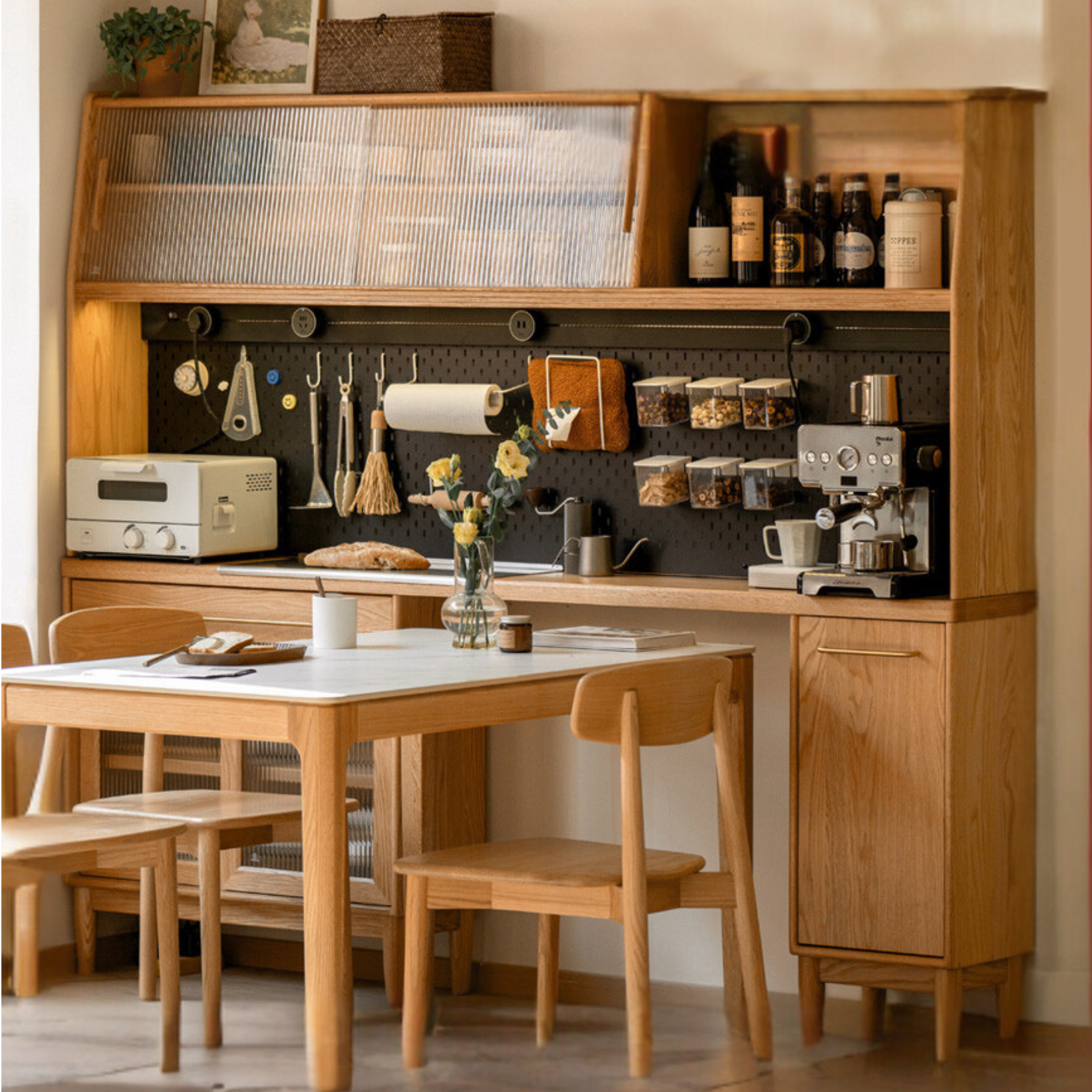 Oak Solid Wood Ultra-thin Multi-function Dining Sideboard Integrated