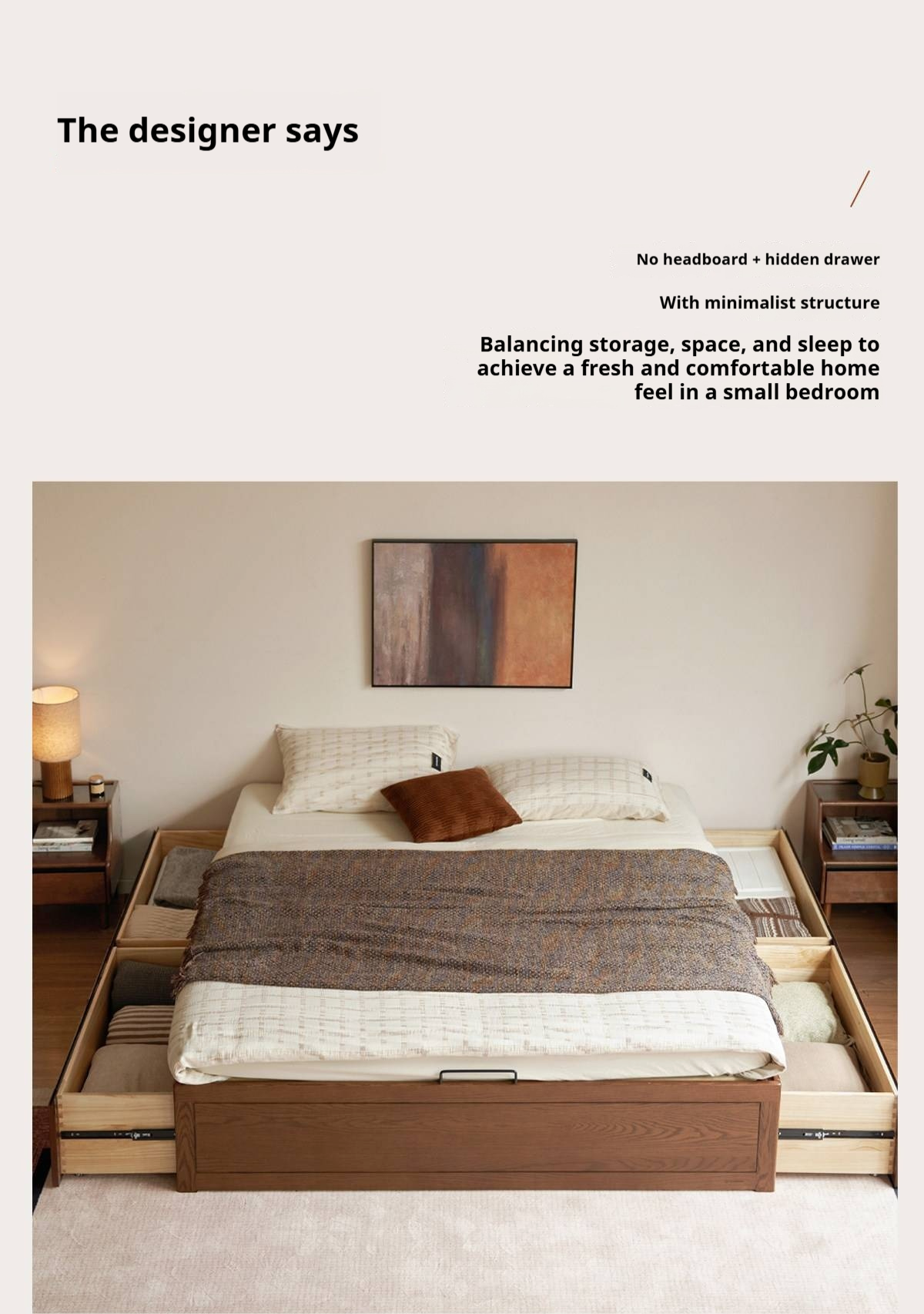 Oak Solid Wood Storage Platform Bed with Drawers, Walnut Color