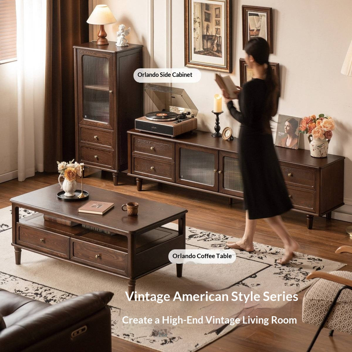 Ash Solid Wood Vintage TV Console with Fluted Glass Doors