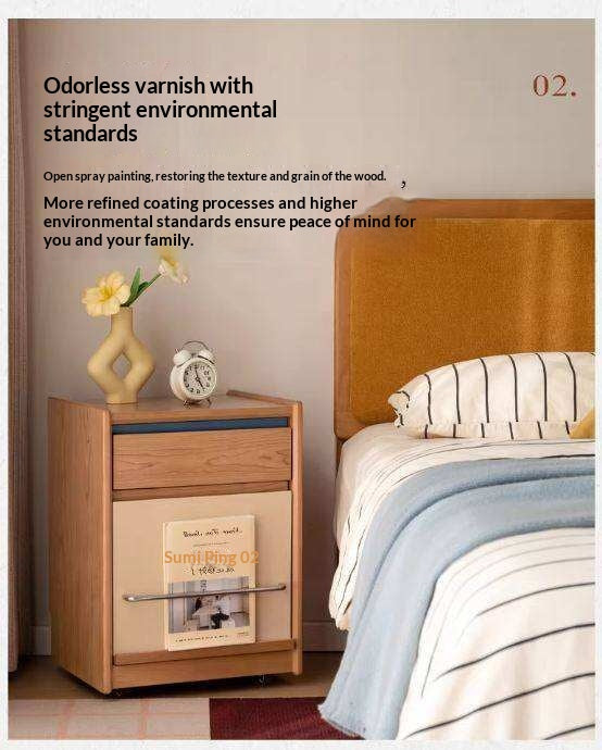 Cherry Solid Wood Nightstand with Storage Drawer and Magazine Holder with Wheels