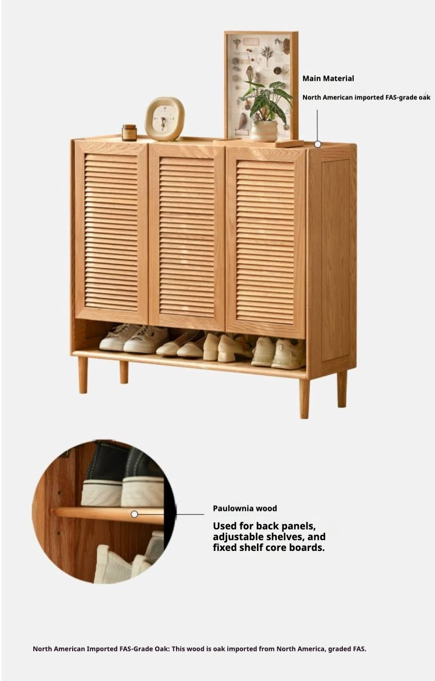 Oak Solid Wood Louvered Door Shoe Cabinet with Open Shelf for Entryway