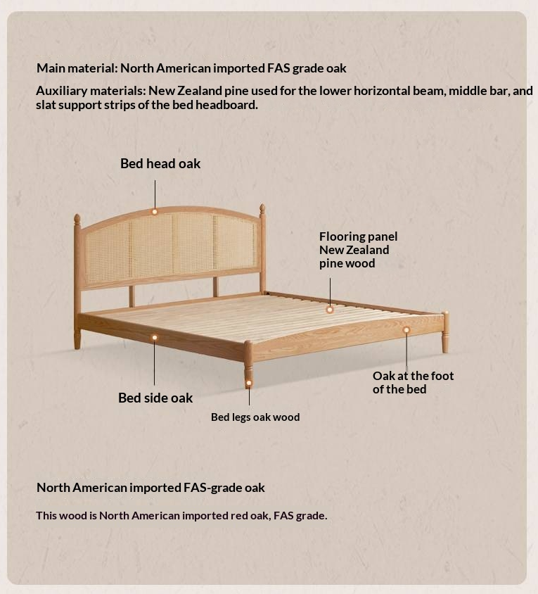 Oak Solid Wood Bed — Light Retro Style with Rattan Design