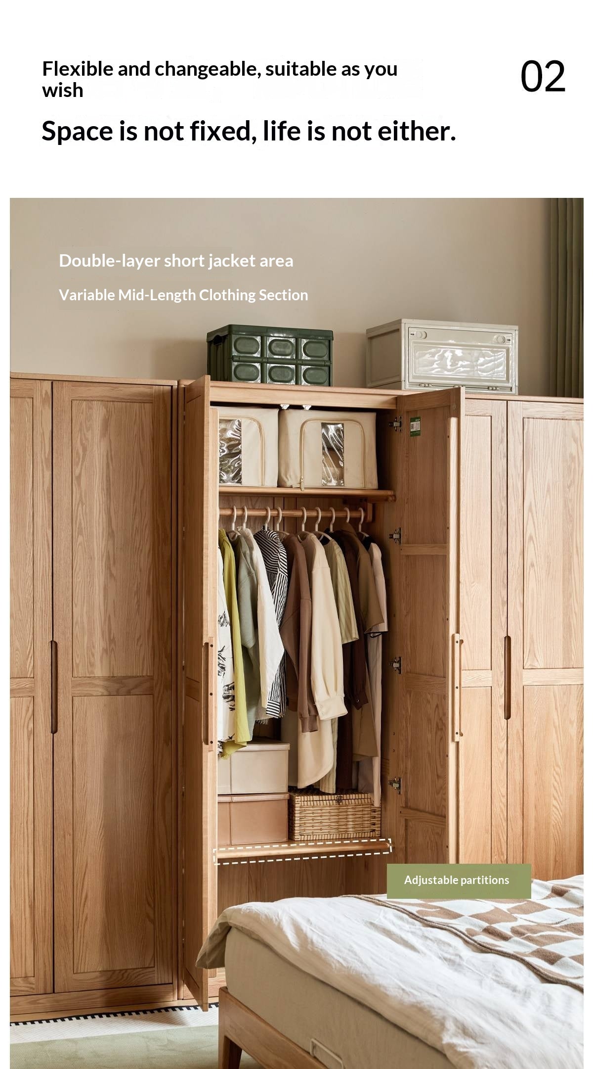 Oak Solid Wood narrow Wardrobe with Framed Panel Doors and Adjustable Layout