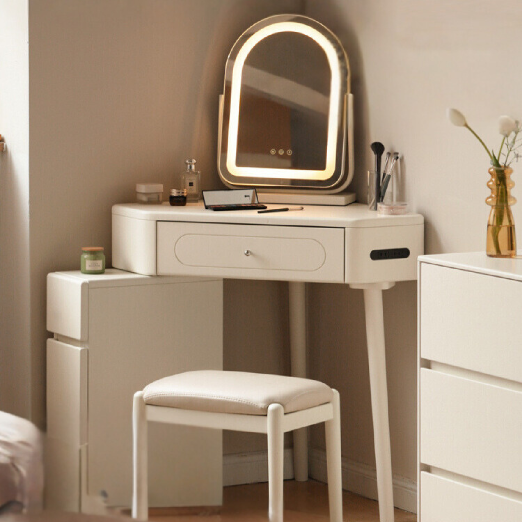 Poplar Solid Wood Corner White Dressing Table.