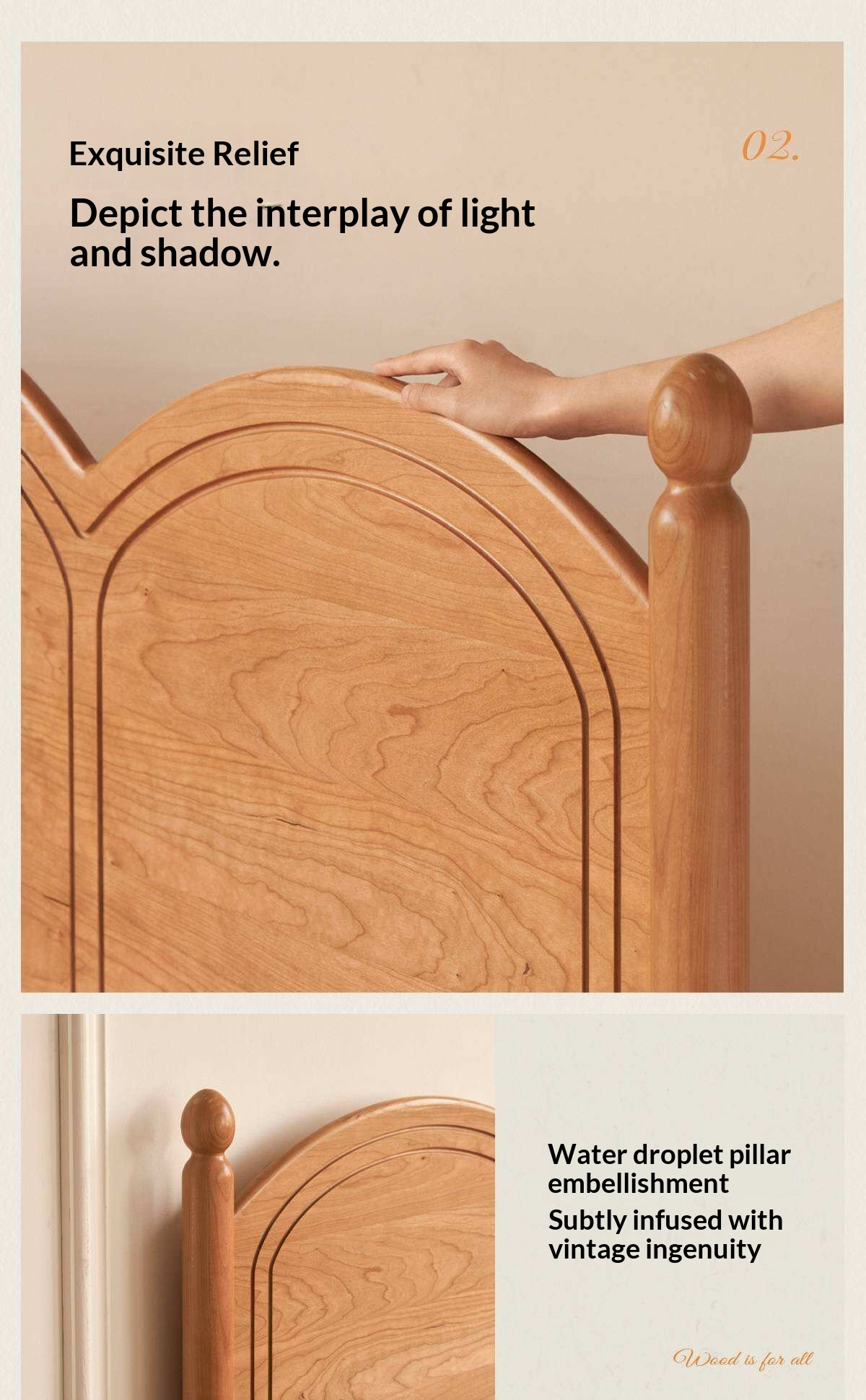 Cherry Solid Wood French Country Arched Platform Bed with Spindle Legs